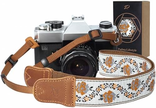 Padwa Lifestyle Camera Strap - 1.5" Crazy Horse Cowhide Head Cotton Strap,Vintage Embroidery Camera Straps for Photographers and All Cameras,Cute Adjustable Shoulder Neck Strap for Adults & Kids by PadwaLifestyleCameraStrap