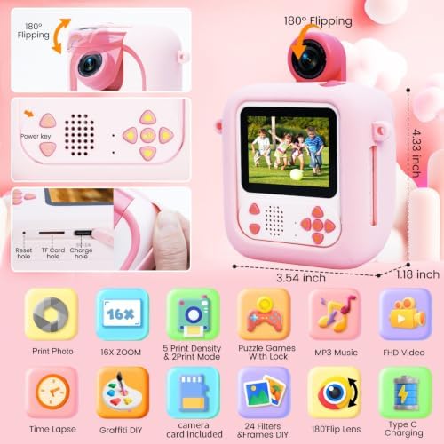 ARNSSIEN Kids Instant Print Camera for Toddlers 1080P 2.4in+180° Flip Lens - Image 2
