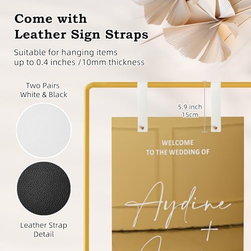 Wedding Sign Holder, Adjustable Welcome to Our Wedding Sign Stand W/Design Bundle & Leather Sign Hanging Straps, Heavy Duty Easel Stand for Sign, Wedding Seating Chart Stand, Easel for Display (Gold) - Image 4