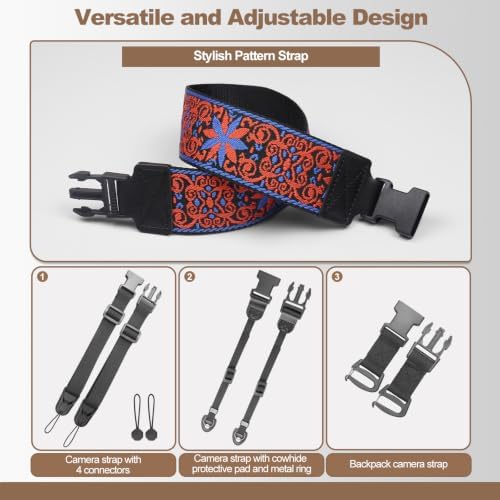 Adjustable Camera Neck Strap, Vintage Embroidered Shoulder & Crossbody Camera Strap with 4 Connection Ways, Anti-Slip Camera Strap for DSLR, Mirrorless & Camcorder, Travel & Outdoor Photography Gear - Image 4