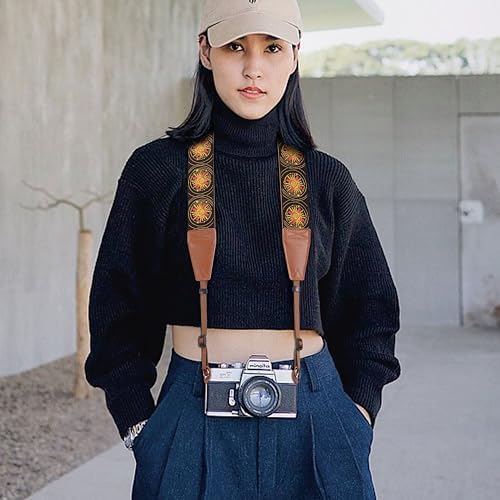 Padwa Lifestyle Yellow Sun God Camera Strap - 2" Full Grain Leather Ends Camera Straps for Photographers, Vintage Embroidered Cotton Soft Suede Fabric Padded Strap Quick Release fits All Cameras - Image 5