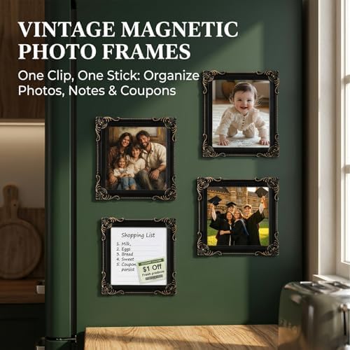 Magnetic Picture Frames for Refrigerator 2 Pack – Vintage Black Small Magnetic Photo Frames for Fridge – Mini Magnetic Frames for Refrigerator Photos – Strong Magnet Backing – 4.33×4.33inch Resin Frame for 3.66×3.66 Picture - Image 2