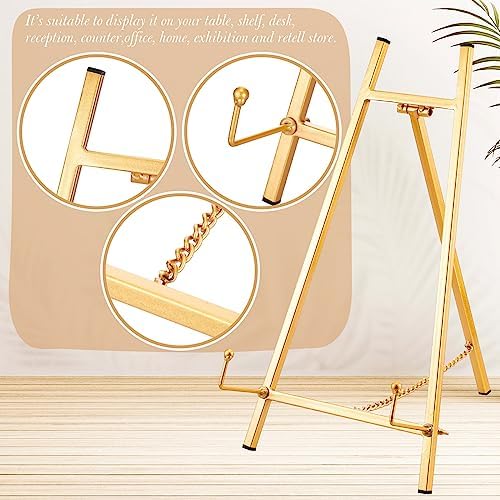 Leinuosen 2 Pcs Metal Easel Stand 16.5" H x 8.7" W x 4.3" D Table Top Easel Stand for Display Tripod Art Picture Mirror Modern Plate Holder for Display Book Photo Wedding Sign (Gold) - Image 3
