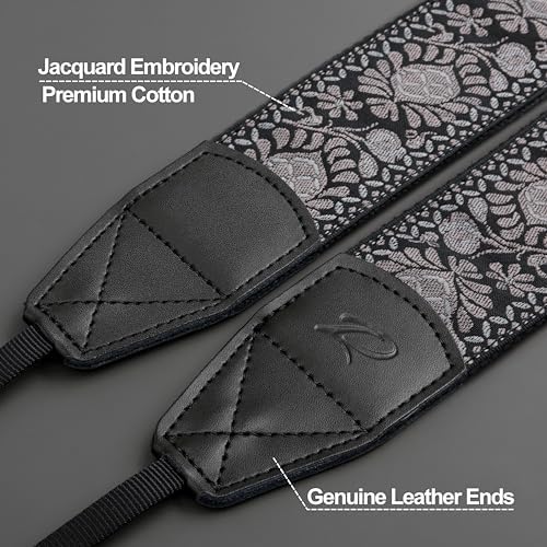 Padwa Lifestyle Camera Strap - 2" Retro Jacquard Embroidery Flower Camera Straps for Photographers,Adjustable Wide Camera Neck/Shoulder Strap with Genuine Leather Head for All DSLR/SLR Digital Cameras - Image 2