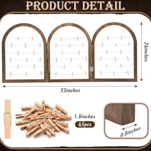 Briwooody 3 Panel 53 x 24 Inch Photo Display Rack with Clips Wooden Arched Picture Collage Frames Board for Farmhouse Wedding Postcard Greeting Card Organizer Holder Home Dorm(Black Walnut) - Image 2