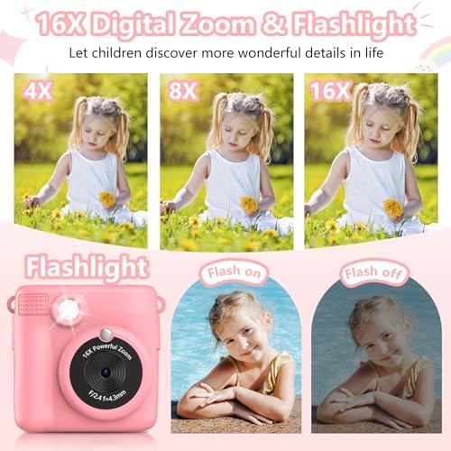Instant Print Camera for Kids,Christmas Birthday Gifts for Age 3-12 Girls Boys，1080P HD Digital Video Cameras for Toddler,Kids Portable Toy with 3 Rolls Photo Paper，32GB Card-Pink - Image 3