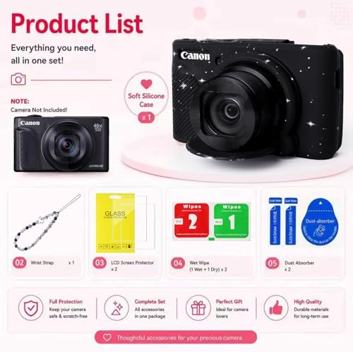 Cute Camera Case for Canon PowerShot SX740 HS/SX730 HS,Silicone Protective Cover with Removable Lens Cap,Wrist Strap & 2 Pack Tempered Glass Screen Protector for Women (Black Star) - Image 3