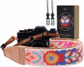 Padwa Lifestyle Colorful Knit Camera Strap - 2" Full Grain Leather Ends Camera Straps for Photographers, Vintage Embroidered Cotton Soft Suede Fabric Padded Strap Quick Release fits All Cameras by PadwaLifestyleCameraStrap