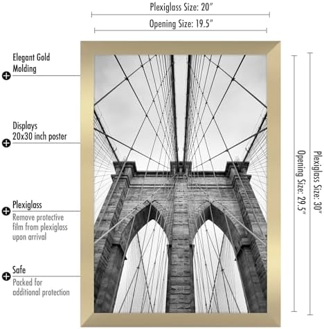 Americanflat 20x30 Poster Frame - Gold Engineered Wood with Polished Plexiglass - Wide Picture Frame for Vertical or Horizontal Wall Display - Epic Collection - Gold - Image 2