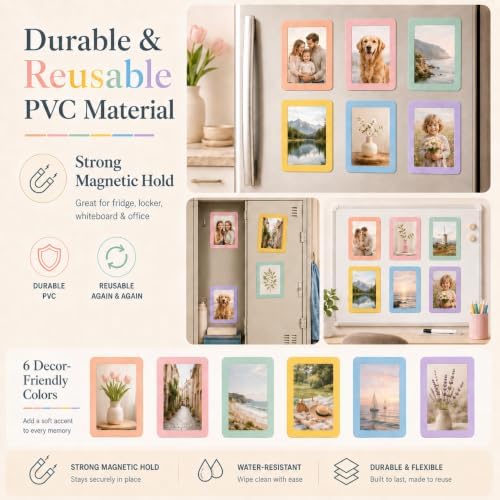 12 Pack Pastel Magnetic Picture Frames 4x6 - Macaron Soft Tones Minimalist Magnet Photo Borders for Refrigerator, Locker, Classroom & Office Decor - Open Face Aesthetic Home Accessories - Image 6