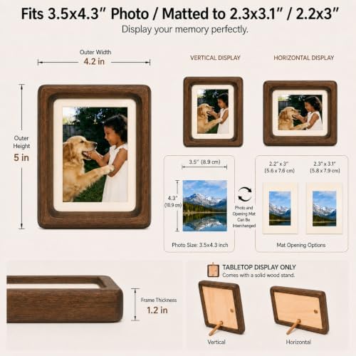 Solid Walnut Picture Frame with Plexiglass, Compatible with Instax Wide & Square Photos, Small Solid Wood Photo Frame with Joinery Corners, Tabletop Display (Walnut, For 4.2x3.5 / 4.3x3.4 Photo) - Image 5