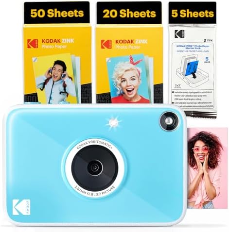 Kodak Printomatic+ Full Color Instant Print Digital Camera (Blue) 75 Sheets Bundle, 10MP, RGB LED Indicator, Prints On Zink 2x3 Sticky-Back Photo Paper by Unknown