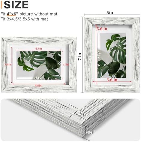 Egofine 4x6 Picture Frames Set of 4, Made of Solid Wood Covered by Plexiglass 3x4.5 and 3.5x5 with Mat or 4x6 without Mat, for Table Top Display and Wall Mounting Photo Frame, Driftwood White - Image 3