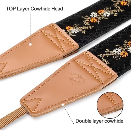 Padwa Lifestyle Camera Strap - 2" Full Grain Leather Ends Camera Straps for Photographers, Vintage Embroidered Cotton Weave Soft Suede Fabric Padded Strap Quick Release fits All Cameras - Image 2