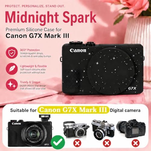 Camera Case for Canon G7X Mark III,Soft Silicone Protective Cover with Removable Lens Cap,Shockproof Anti-Scratch Compatible with Canon PowerShot G7X3 for Women (Black Star) - Image 2