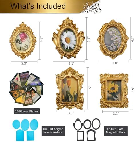 Mini Gold Magnetic Picture Frames for Refrigerator, 5 Small Vintage Photo Frames with Soft Magnet Backing, Victorian Style Decor for Kitchen Office Home - Image 2