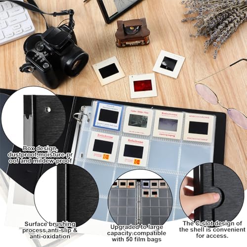Protective Photo Slide Storage Box Set - 50 Pages Acid Free Protector 3 Ring Pocket Binder With Plastic Sleeves - Holds 20 35mm Slides Each Page - Presentation Book for Organizing - Image 3