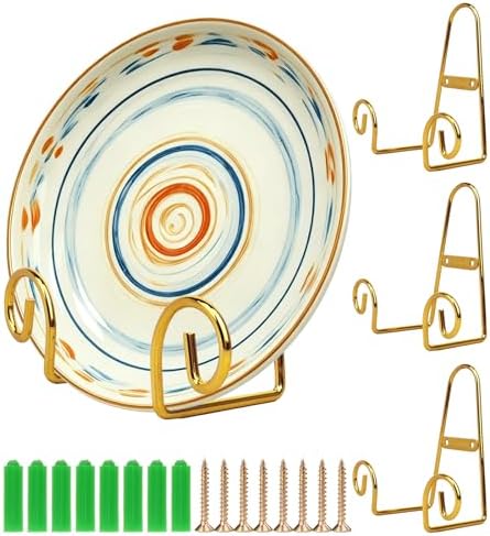 YY YEARCHY Metal Plate Stand Holder, Wall Hanging Display Rack, Sturdy Iron Easel for Displaying Plates (6-12 Inch), Bowls, Platters, Art, Photos, Books (4, Gold, 5.7"x3.2"x2.8") by YYYEARCHY