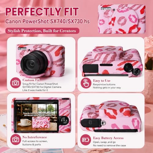 Cute Camera Case for Canon PowerShot SX740 HS/SX730 HS,Silicone Protective Cover with Removable Lens Cap,Wrist Strap & 2 Pack Tempered Glass Screen Protector for Women (Pink Lips) - Image 5
