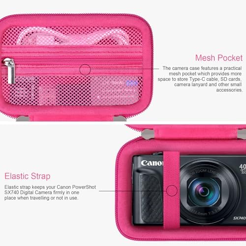 RAIALL Camera Case for Canon PowerShot SX740 HS/ SX730 HS/ SX720 HS/ SX620 HS Digital Camera, Hard Carrying Case Protective Travel Bag, Mesh Pocket for Batteries and USB Cable, Rose Red - Image 4