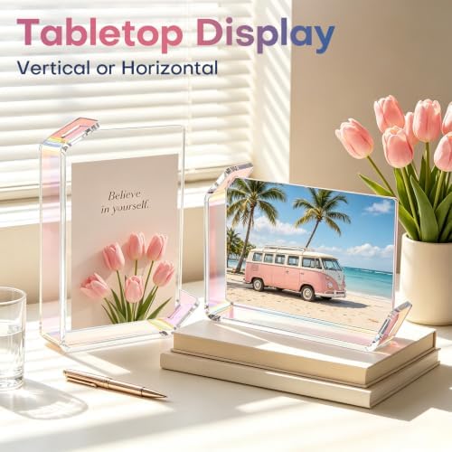 4x6inch L Shaped Acrylic Picture Frame, 2 Pack Double Sided Floating Photo Stand for Tabletop, Horizontal Vertical Display Holder Home Office Decor Family Wedding Anniversary, Iridescent - Image 3