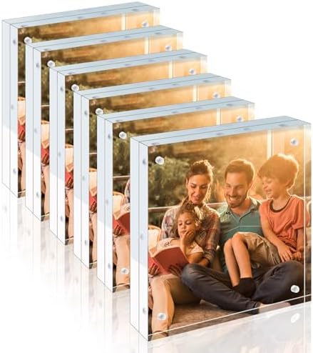 Egofine 8x8 Acrylic Frame 6 Pack, 20mm Thicker Frameless Clear Picture Frame, Double Sided Magnetic Picture Frame, Free Standing Desktop Display by Egofine