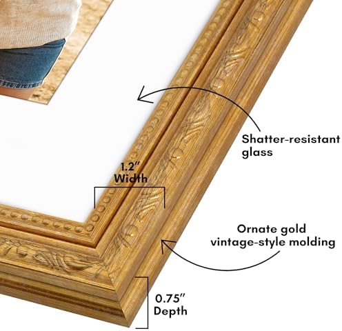 Americanflat 8x10 Picture Frame with Shatter-Resistant Glass - Use as 5x7 Frame with Mat or Display 8x10 Photo Without Mat - Ornate Picture Frames for Wall and Tabletop Display - Gold - Image 3