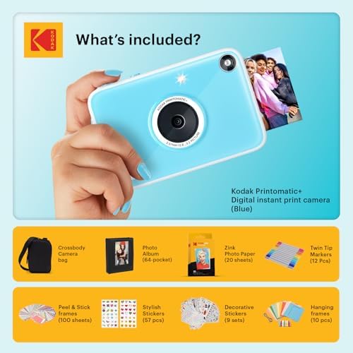 Kodak Printomatic+ Full Color Instant Print Digital Camera Gift Bundle + Case + Zink 2x3 Sticky Back Photo Paper 20pk + Album + Sticker Sets + Sticker Frames + Hanging Frames + Markers - Blue - Image 2