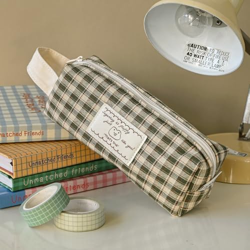 Monolike Unmatched Friends Fabric Check Block Pencil Case, Vintage green - Aesthetic Gingham Pastel Desk Organizer, Soft Padded Makeup Brush Case, Trendy Minimalist Stationery Pouch - Image 3