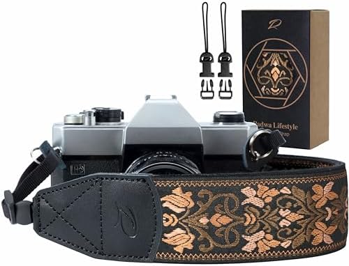 Padwa Lifestyle Camera Strap - 2" Wide Vintage Jacquard Embroidery Flower Camera Straps with Genuine Leather Head,Complimentary 2 Pcs Quick Release Clips for All Cameras and Men & Women Photographers by PadwaLifestyleCameraStrap