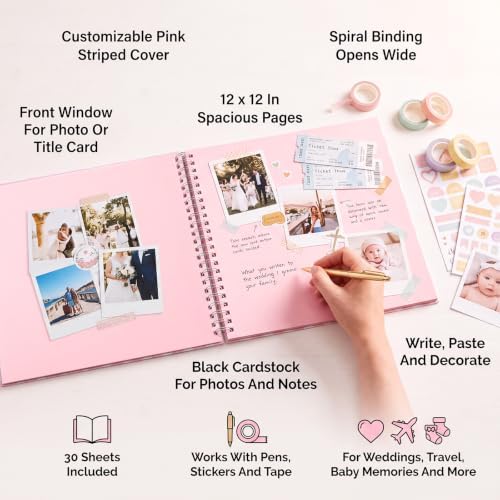 12 x 12in Pink Scrapbook Album, 60 Pages Striped Creative DIY Photo Album - Image 4