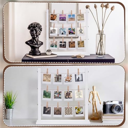 Cinnvoice Desk Photo Display Board with Clips Wooden Photo Holder for Table Picture Collage Board Tabletop White Collage Frame Picture Postcard Display Stand Classroom Wedding Anniversary Home Decor - Image 4