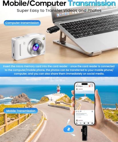 Digital Camera 4K Autofocus Vlogging Camera for Photography with 16X Zoom Anti Shake, 32GB Card, 48MP Compact Portable Point and Shoot Camera Gift for Kids Boys Girls Beginner（White） - Image 3