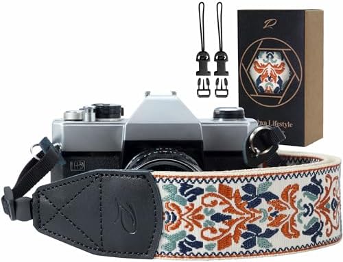 Padwa Lifestyle 2" Retro Jacquard Embroidery Camera Strap, Adjustable, Wide DSLR/SLR Camera Neck/Shoulder Strap with Genuine Leather Head (White Classic Flower) by PadwaLifestyleCameraStrap