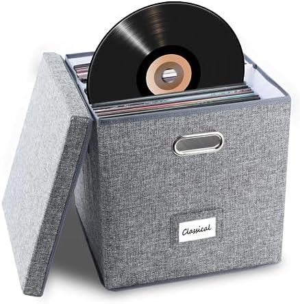 Sturdy Vinyl Record Storage Box - Album Storage Holds up 50+ Single Record, LP Storage Organizer Crate With Lid, Decorative Moving Box For Records, Solutions to Protect Your Precious Collection Grey by %E2%80%8EZEDKEHO