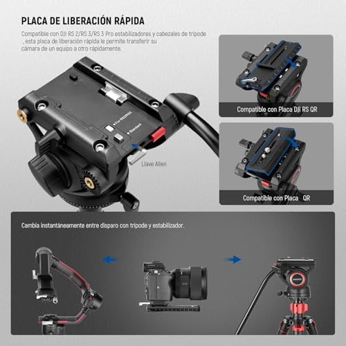 NEEWER 72" Fluid Head Video Tripod Monopod, Aluminum Alloy QR Plate Compatible with DJI RS Gimbal, 360° Pan & +90°/-70° Tilt for DSLR Camera Camcorder, Max Load 13.2lb/6kg, TP72A - Image 3