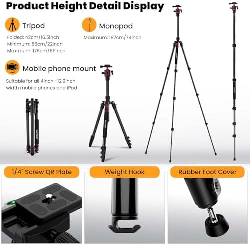 MACTREM Heavy Duty Aluminum Camera Tripod 67" Travel Monopod 360° Ball Head - Image 2