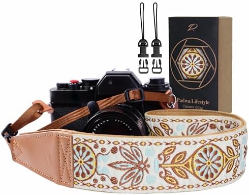 Padwa Lifestyle Camera Strap - 2" Full Grain Leather Ends Camera Straps for Photographers, Vintage Embroidered Cotton Weave Soft Suede Fabric Padded Strap Quick Release fits All Cameras by PadwaLifestyleCameraStrap