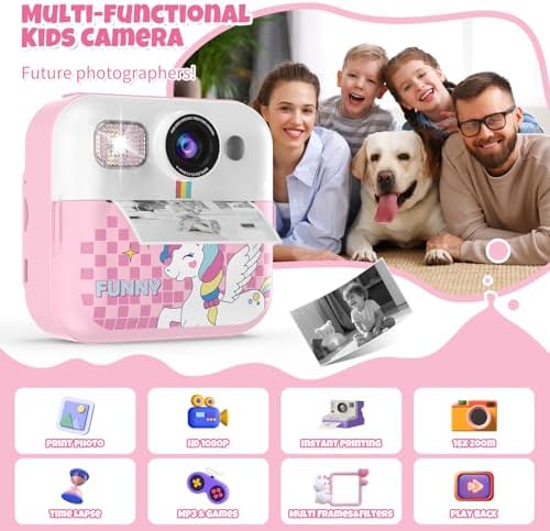 Instant Print Camera for Kids, 1080P Children Printable Cameras Christmas Birthday Gifts for Girls Age 3-10, Toddler Toy for 3 4 5 6 7 8 9 10 Year Old with 3 Roller Photo Paper (Pink) - Image 2