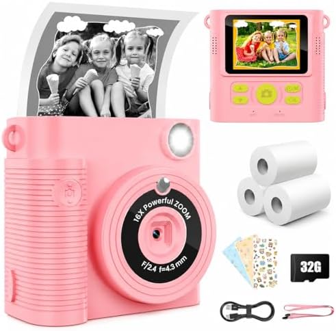 Kids Instant Print Camera Ages 3-12 1080P Selfie 2.4" Screen 32GB Gift Pink by WONNIE