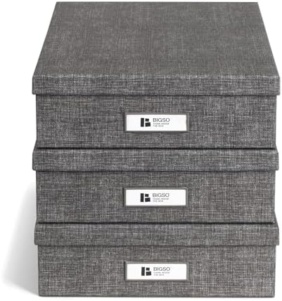 Bigso Oskar Canvas Fiberboard Document Letter Box for Important Paperwork A4 or Letter Size - Durable Keepsake Box with Lid and Metal Label Holder - 3.3in x 10.2in x 13.8in - Melange Grey - 3 Pack - Image 2