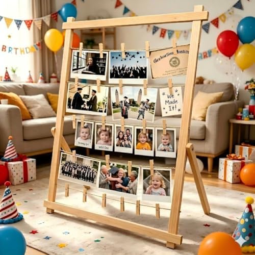 2026 Graduation Decorations Freestanding Wooden Photo Display Board with Clips - Class of 2026 Graduation Centerpiece Table Decorations,Large Picture Frame Collage Holds 30+ Photos (Natural Pine) - Image 4
