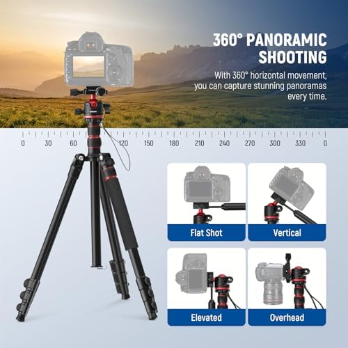 NEEWER Basics Camera Tripod Monopod, 77" Compact Lightweight Travel DSLR Video Stand, 360° Ball Head, Arca Type QR Plate, Reversible Legs & Inverted Central Axis, 13lb Max Load, TP08 - Image 4