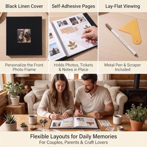 Self Adhesive Scrapbook Album, 11 × 10.6 Inch, Black Linen Cover - Image 4