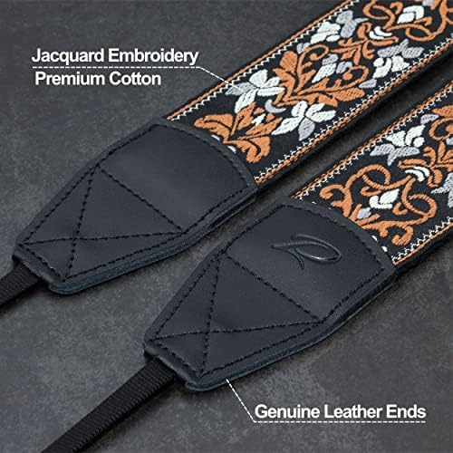Padwa Lifestyle Camera Strap - 2" Wide Vintage Jacquard Embroidery Brown Flower Camera Straps with Genuine Leather Head,Adjustable Neck Shoulder Strap for All Cameras and Men & Women Photographers - Image 2