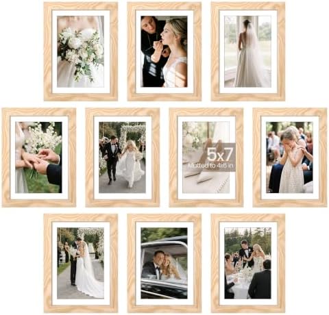 upsimples 5x7 Picture Frame Set of 10, Display Pictures 4x6 with Mat or 5x7 Without, Multi Photo Frames Collage for Wall or Tabletop Display, Natural by upsimples