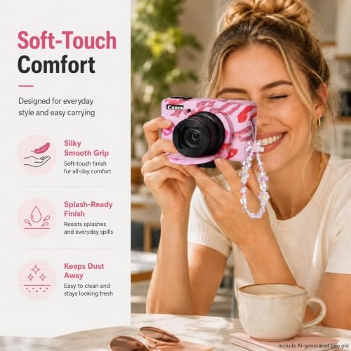Cute Camera Case for Canon PowerShot SX740 HS/SX730 HS,Silicone Protective Cover with Removable Lens Cap,Wrist Strap & 2 Pack Tempered Glass Screen Protector for Women (Pink Lips) - Image 4