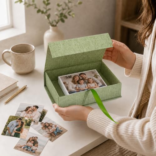 Vienrose Small Photo Storage Box, 5"x7", Linen Postcard Keeper, Grass Green - Image 3