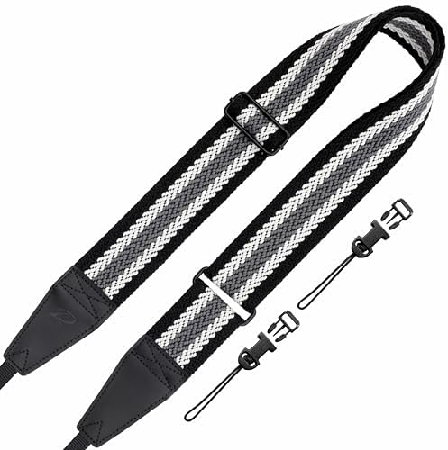 Padwa Lifestyle Extra Long Adjustable Camera Strap for Photographers - 2" Wide Full Grain Cowhide Leather Ends Camera Straps with Quick Release for All Cameras,Binoculars(Stripe Gray Black White) by PadwaLifestyleCameraStrap