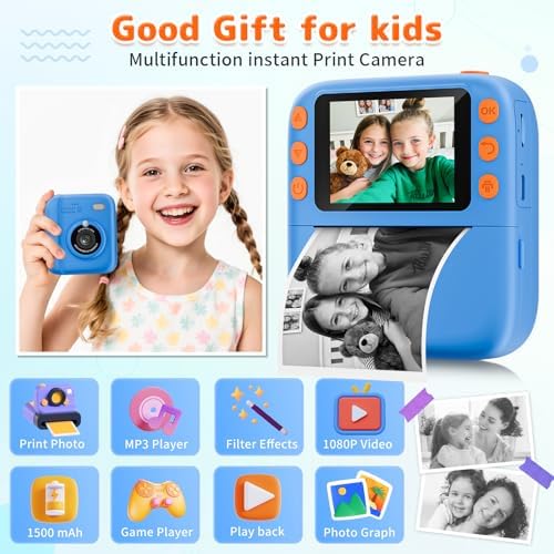 Instant Print Camera for Kids, Christmas Birthday Gifts for Girls Boys, 1080P Instant Digital Print Cameras for Toddler,Portable Toy for 4 5 6 7 8 9 10 Year Old Girl with 32GB SD Card，Blue - Image 2